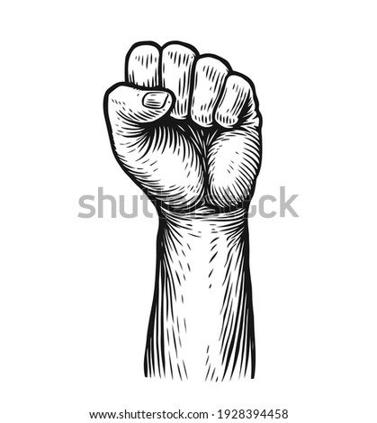 Clenched fist raised up. Strong, strength sketch vector illustration