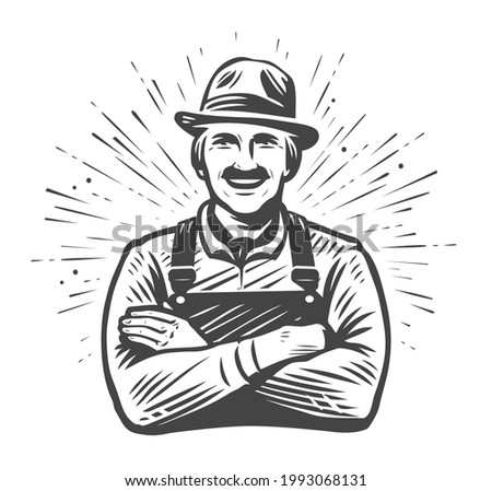 Happy farmer in hat with crossed arms drawn in sketch style. Farm, agriculture concept. Vintage vector illustration
