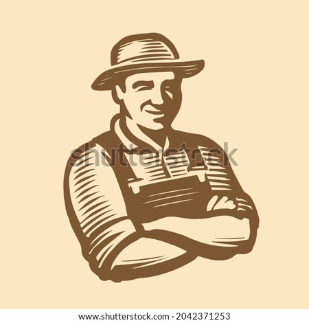 Farmer man logo. Farm, agriculture symbol in engraving style. Sketch vintage vector illustration