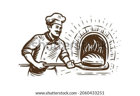 Baker holding baking pan into wood oven. Vector illustration in retro style