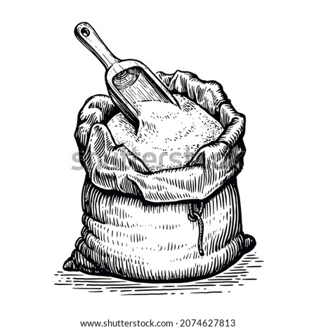 Sack with flour and wooden scoop. Hand drawn sketch vintage
