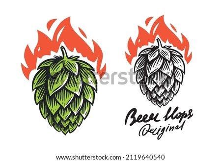 Hop cone and fire label. Design elements for logo, badge, emblem, restaurant menu, beer pub, brewery