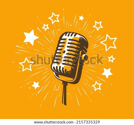 Karaoke party symbol. Retro microphone and stars emblem vector illustration