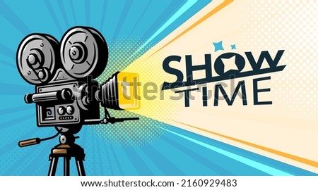 Movie projector on tripod. Entertainment show, cinema concept. Retro film camera vector illustration