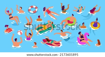People rest and swim in sea. Swimming tourists in swimming pool of resort hotel in beach season. Vector illustration
