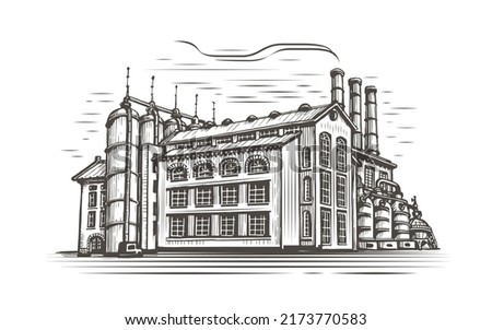 Industrial factory sketch. Vintage manufacturing building in style of old engraving. Vector illustration