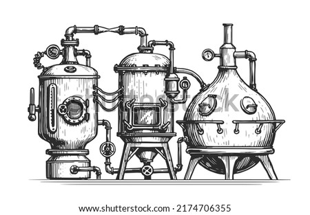 Industrial equipment from copper tanks for distillation of alcohol. Distillery, distillation vintage vector