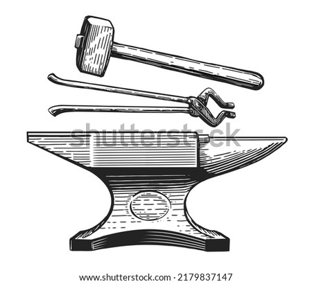 Hand drawing tools anvil hammer pliers. Blacksmith craft sketch. Metalworking tools in vintage engraving style