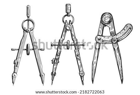 Drafting compass set. Hand drawn vintage divider isolated. Sketch vector illustration drawn in engraving style