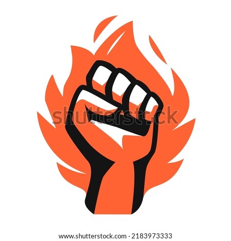 Fist and fire emblem isolated. Hand clenched power strength icon symbol. Vector illustration