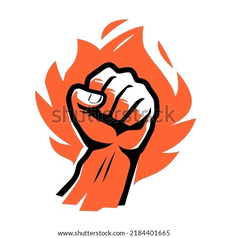 Flaming red fiery fist emblem. Clenched fist in burning fire badge or logo. Symbol strength, power vector illustration