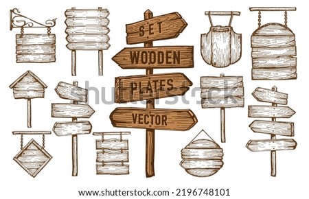 Set wooden banner, sign posts or boards. Signboard, signpost with signs indicating direction. Sketch vintage vector