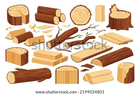 Tree stump, wooden logs and timber materials. Natural lumber, carpentry materials set. Wooden plank, billet. Wood vector
