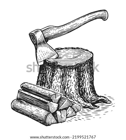 Ax sticks out in tree stump and firewoods. Wooden logs and timber. Natural lumber, carpentry materials set. Woodworking