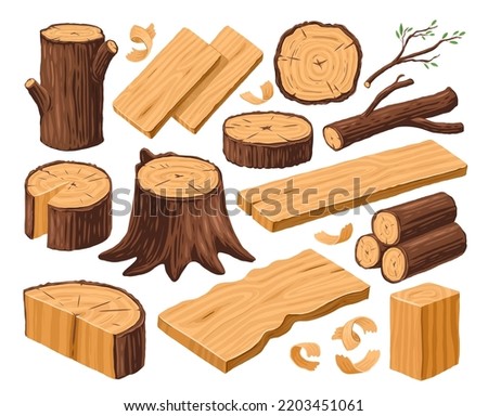 Set of wood logs for lumber industry. Woodworking concept. Tree trunk, stump and planks. Woodwork vector illustration