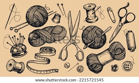 Knitting concept set items. Clew and knitting needles, wool yarn, tailor scissors, needle, thread. Vintage sketch vector