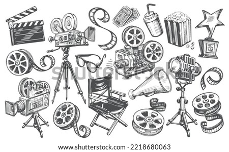 Cinema set in sketch style. Making movie, film screening, tv, video concept. Hand drawn vintage vector illustration