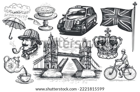 London vector illustration. Hand drawn sketch England set. Great Britain collection elements in vintage engraving style