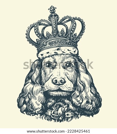 Portrait beautiful DOG with royal crown. Pet animal, cute puppy in vintage engraving style. Sketch vector illustration