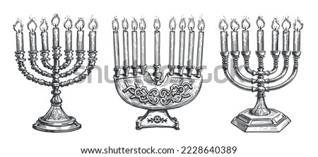 Jewish menorah with burning candles sketch. Religious symbol of Judaism. Vintage vector illustration Сток-фото © 