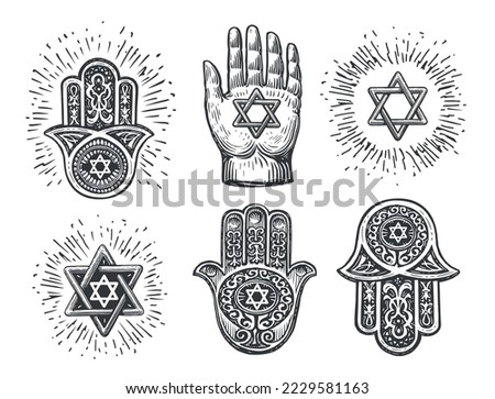 Set traditional Jewish Hamsa amulets, hand of Miriam, hand with six-pointed star of David. Vintage vector illustration