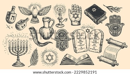  Jewish holiday object signs collection. Menorah, Torah scroll, Dreidel, David Star, Hamsa symbols. Vector illustration