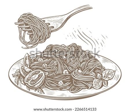 Pasta with olives and parsley, fork with just spaghetti around. Italian food sketch. Hand drawn vector illustration