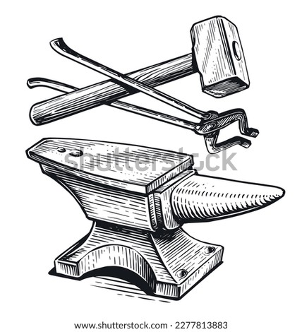 Hand drawn hammer, tongs and anvil. Blacksmith work, ironwork concept. Blacksmithing vintage sketch vector illustration