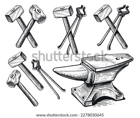 Retro blacksmith pliers, hammer, anvil sketch. Ironwork, set of tools concept. Blacksmithing vintage vector illustration