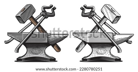 Blacksmith craft concept. Hammer, tongs, anvil. Metal working tools. Hand drawn sketch vintage vector illustration