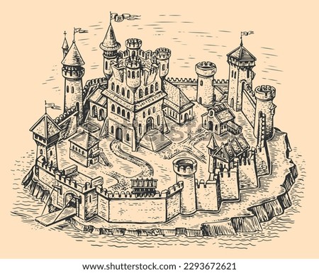 Old medieval castle with various buildings, surrounded by stone wall with towers. Town map in vintage engraving style