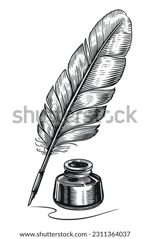 Inkwell and feather quill dip pen in vintage engraving style. Hand drawn sketch vector illustration