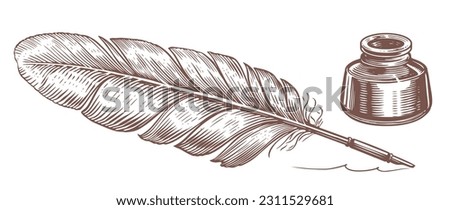 Retro quill feather ink writing pen and inkwell in old vintage woodcut. Line art drawing style. Vector illustration