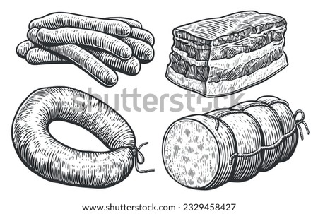 Meat products set. Sausage, cooking salami, barbecue delicatessen, lard. Sketch vector illustration engraving style