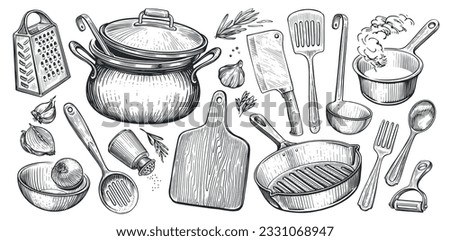 Set of kitchen utensils for cooking. Food concept. Sketch vintage vector illustration for restaurant or diner menu