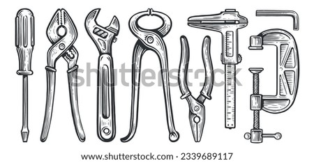 Set of working tools. Construction, building, repair concept. Screwdriver, pliers, wrench, calipers, clamping vice