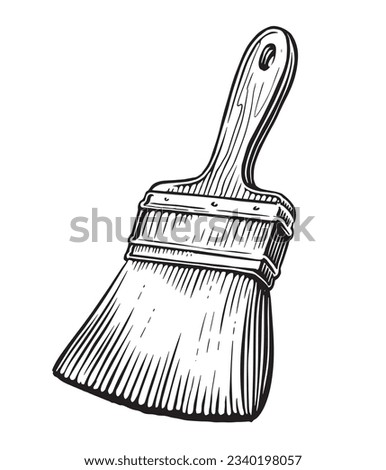 Paint brush with wooden handle. Painting and housework tool. Sketch vector illustration