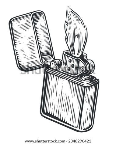 Fire flame and lighter burns with the lid open. Burning cigarette lighter. Sketch vintage vector illustration