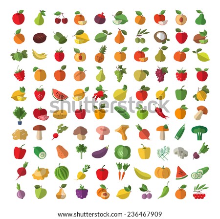 Food. Fruits and vegetables. Colored icons set. Vector illustration