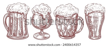 Beer glass with overflowing foam. Hand drawn mug of ale. Alcohol drink set vector sketch