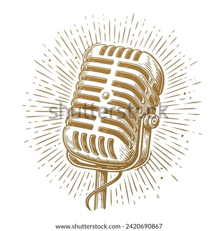 Vintage microphone and rays. Recording Mic. Hand drawn retro vector illustration