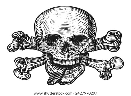 Skull with crossed bones. Pirate symbol Jolly Roger sketch engraving. Hand drawn vector illustration