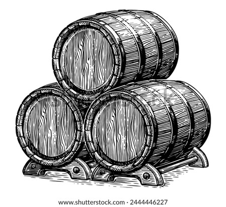 Three oak barrels for alcoholic beverages. Wood kegs with wine or beer. Hand drawn engraving style illustration
