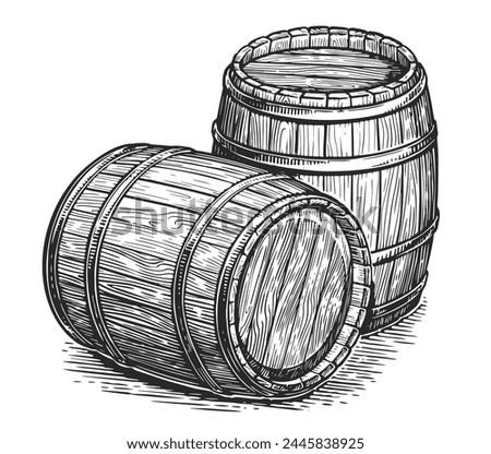 Wood barrels for alcoholic beverages. Oak kegs with wine or beer. Hand drawn engraving style illustration