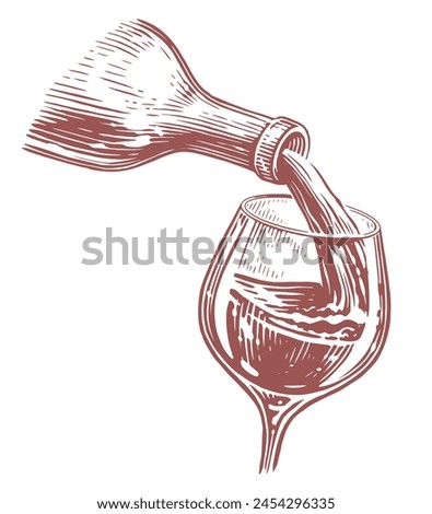 Wine pouring from bottle into glass, wineglass. Hand drawn sketch vector illustration