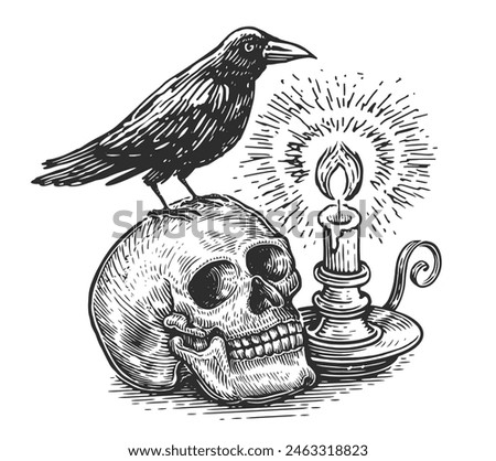 Human skull with raven on its head, burning candle in candlestick. Clipart hand drawn sketch vector drawing