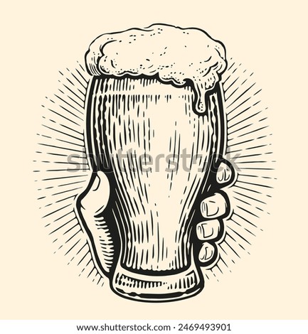 Male hand holding glass of lager foamy beer. Alcoholic drink. Clipart drawing in engraving style for restaurant or pub menu