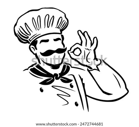 Chef hand gesture approving. Culinary arts, cooking concept vector. Hand drawn male cook black and white drawing