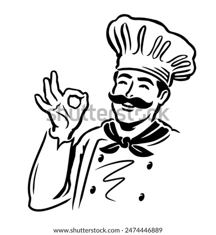 Chef hand gesture ok emblem. Male cook logo, label decoration for restaurant or cafe menu design. Vector illustration