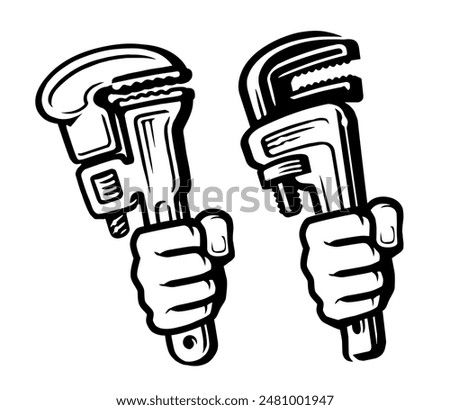 Hand holding adjustable pipe wrench. Fist with spanner tool. Home improvement, repair service symbol or sign